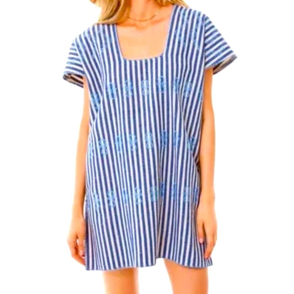 [Tuckernuck] Mini Sullivan Blue White Stripe Embroidered Caftan